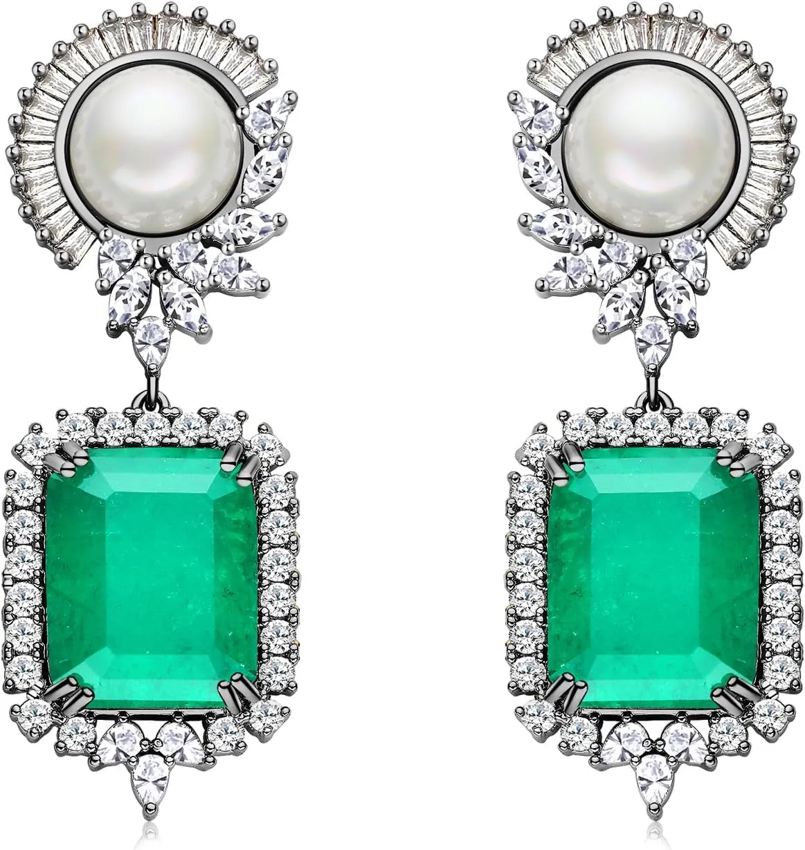 S925 Sterling Silver Emerald Green Pink Crystal Dangle Drop Earrings for Women Vintage Pearl Cubic Zirconia Wedding Bridal Emerald Cut Earrings