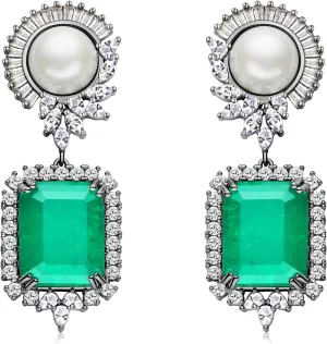 S925 Sterling Silver Emerald Green Pink Crystal Dangle Drop Earrings for Women Vintage Pearl Cubic Zirconia Wedding Bridal Emerald Cut Earrings