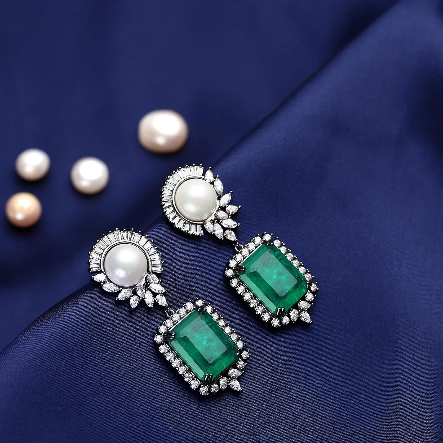 S925 Sterling Silver Emerald Green Pink Crystal Dangle Drop Earrings for Women Vintage Pearl Cubic Zirconia Wedding Bridal Emerald Cut Earrings