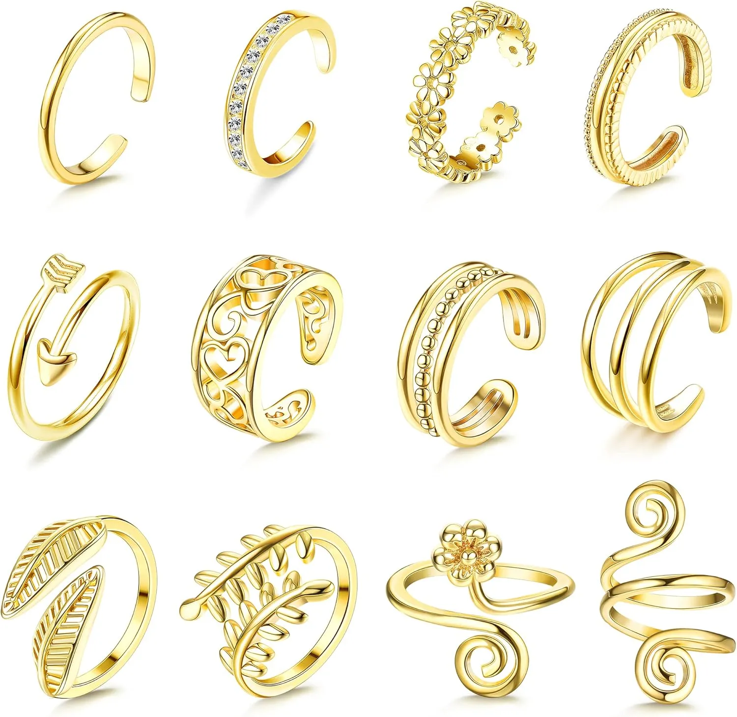 Sanfenly 12PCS Adjustable Toe Rings for Women Gold Silver Black Open Toe Rings Set Flower Arrow Leaf heart CZ Tail Pinky Band Rings Summer Beach Foot Jewelry Set