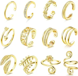 Sanfenly 12PCS Adjustable Toe Rings for Women Gold Silver Black Open Toe Rings Set Flower Arrow Leaf heart CZ Tail Pinky Band Rings Summer Beach Foot Jewelry Set