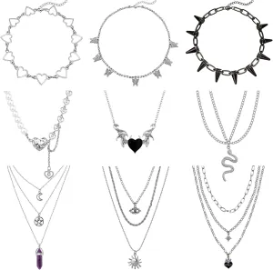 Sanfenly 9Pcs Y2k Goth Necklaces Gothic Jewelry For Women Men Emo Grunge Cool Punk Vintage Necklace Jewelry Chain Layered Pendant Choker Moon Pentagram Spike Butterfly Snake Heart Wing Necklace Set