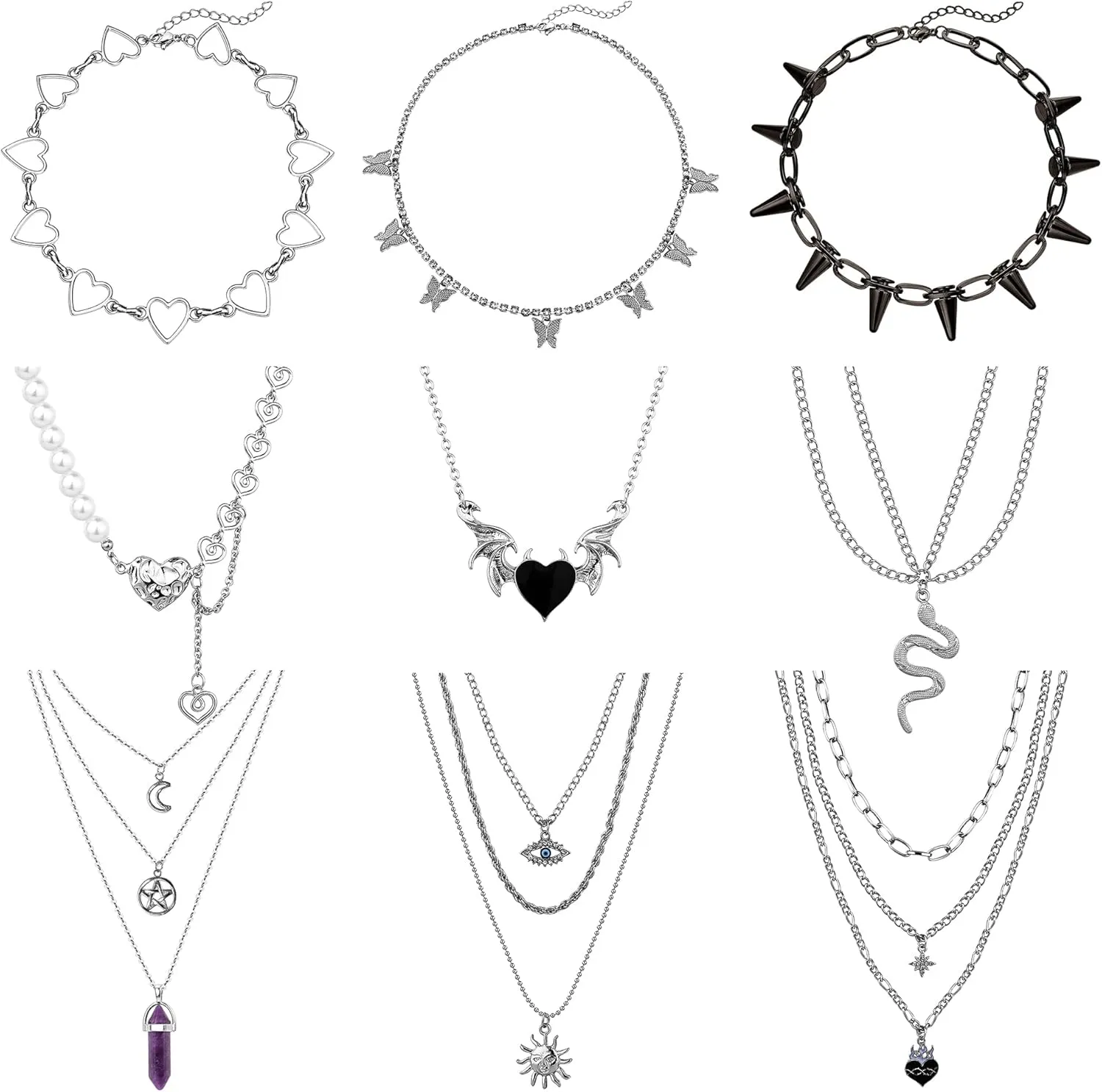 Sanfenly 9Pcs Y2k Goth Necklaces Gothic Jewelry For Women Men Emo Grunge Cool Punk Vintage Necklace Jewelry Chain Layered Pendant Choker Moon Pentagram Spike Butterfly Snake Heart Wing Necklace Set