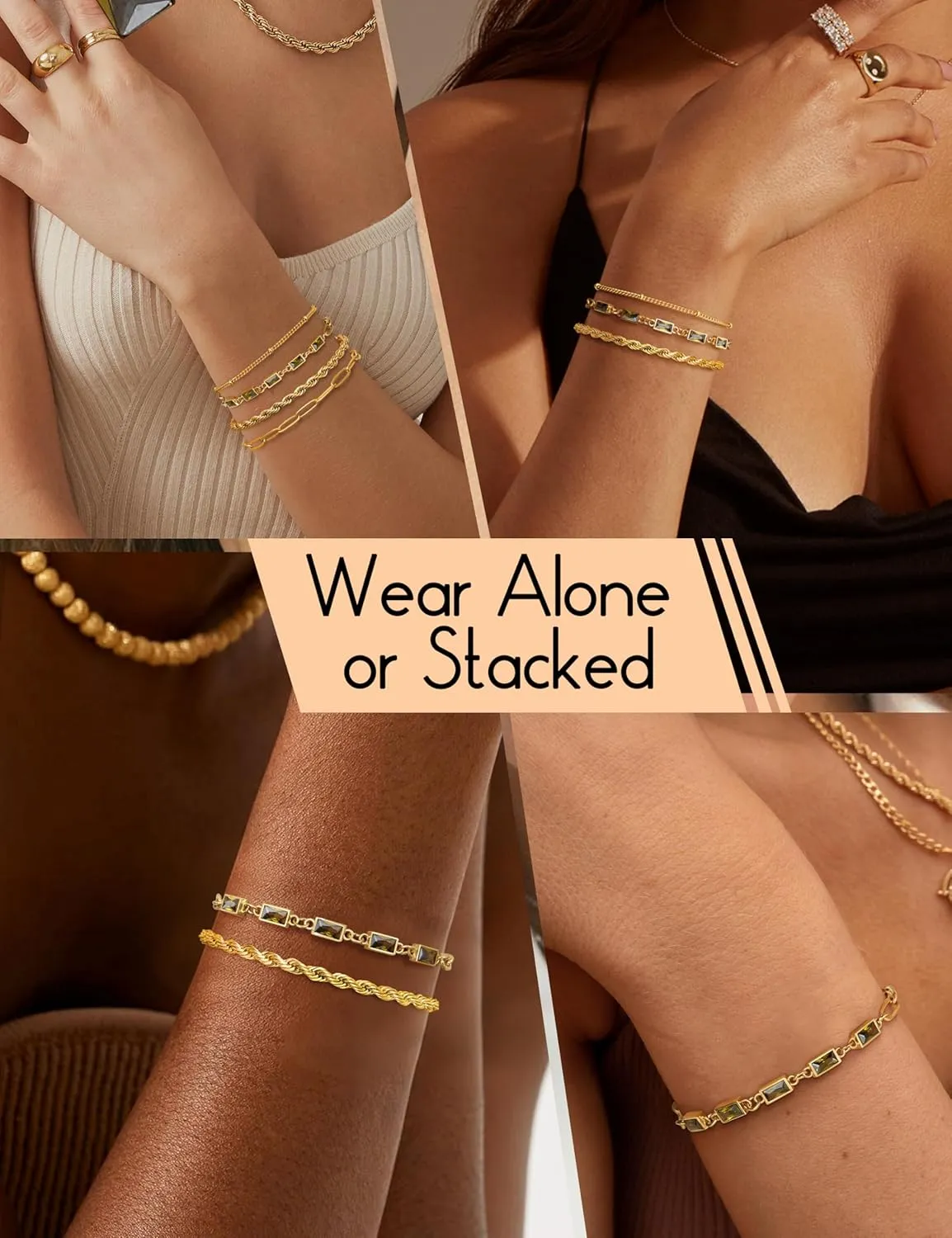 Sanfenly Gold Birthstone Bracelets for Women Waterproof Non Tarnish Dainty 14K Gold Plated Stackable Bracelet Emerald Green Friendship Bracelets Jewelry Gift for Mom
