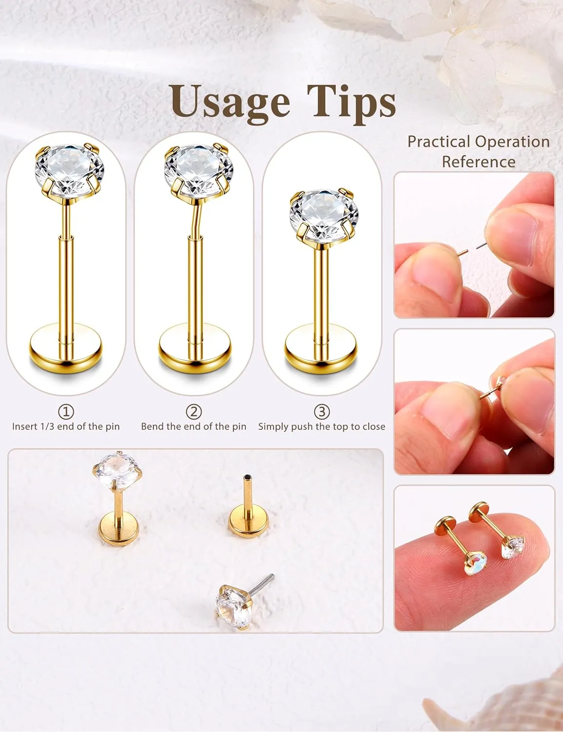 Sanfenly Threadless Flat Back Earrings Studs 316L Surgical Steel Cartilage Earrings for Women Men Push in Nose Rings Studs 20G 18G 16G CZ Opal Tragus Helix Conch Lip Labret Medusa Nostril Monroe Piercing Jewelry Hypoallergenic