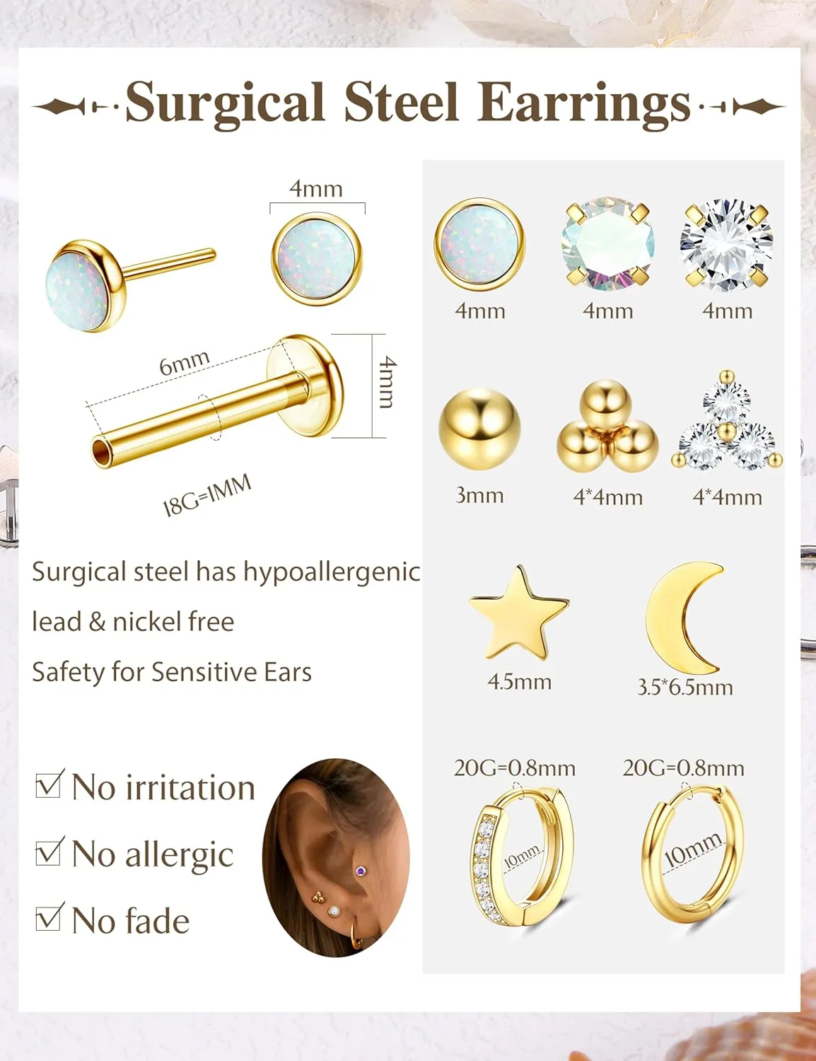 Sanfenly Threadless Flat Back Earrings Studs 316L Surgical Steel Cartilage Earrings for Women Men Push in Nose Rings Studs 20G 18G 16G CZ Opal Tragus Helix Conch Lip Labret Medusa Nostril Monroe Piercing Jewelry Hypoallergenic
