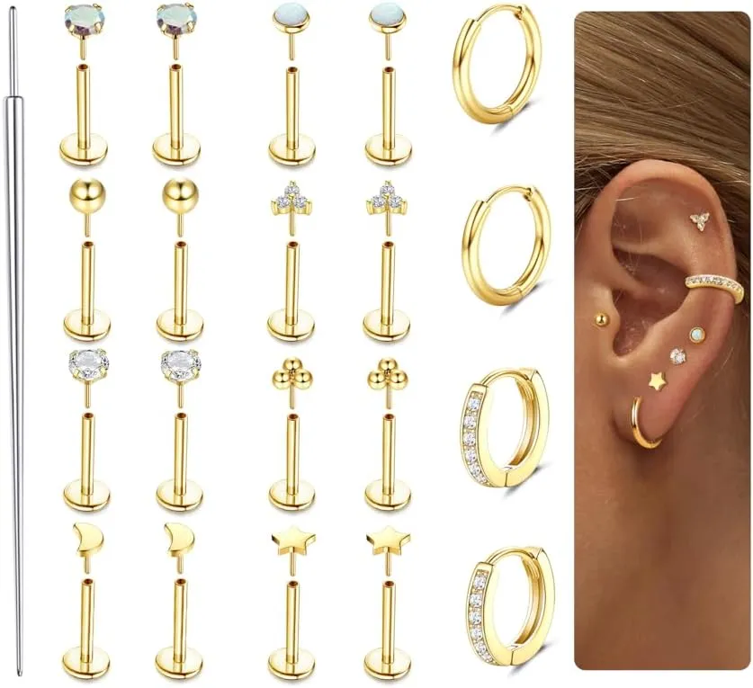 Sanfenly Threadless Flat Back Earrings Studs 316L Surgical Steel Cartilage Earrings for Women Men Push in Nose Rings Studs 20G 18G 16G CZ Opal Tragus Helix Conch Lip Labret Medusa Nostril Monroe Piercing Jewelry Hypoallergenic