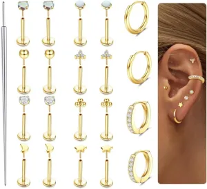 Sanfenly Threadless Flat Back Earrings Studs 316L Surgical Steel Cartilage Earrings for Women Men Push in Nose Rings Studs 20G 18G 16G CZ Opal Tragus Helix Conch Lip Labret Medusa Nostril Monroe Piercing Jewelry Hypoallergenic
