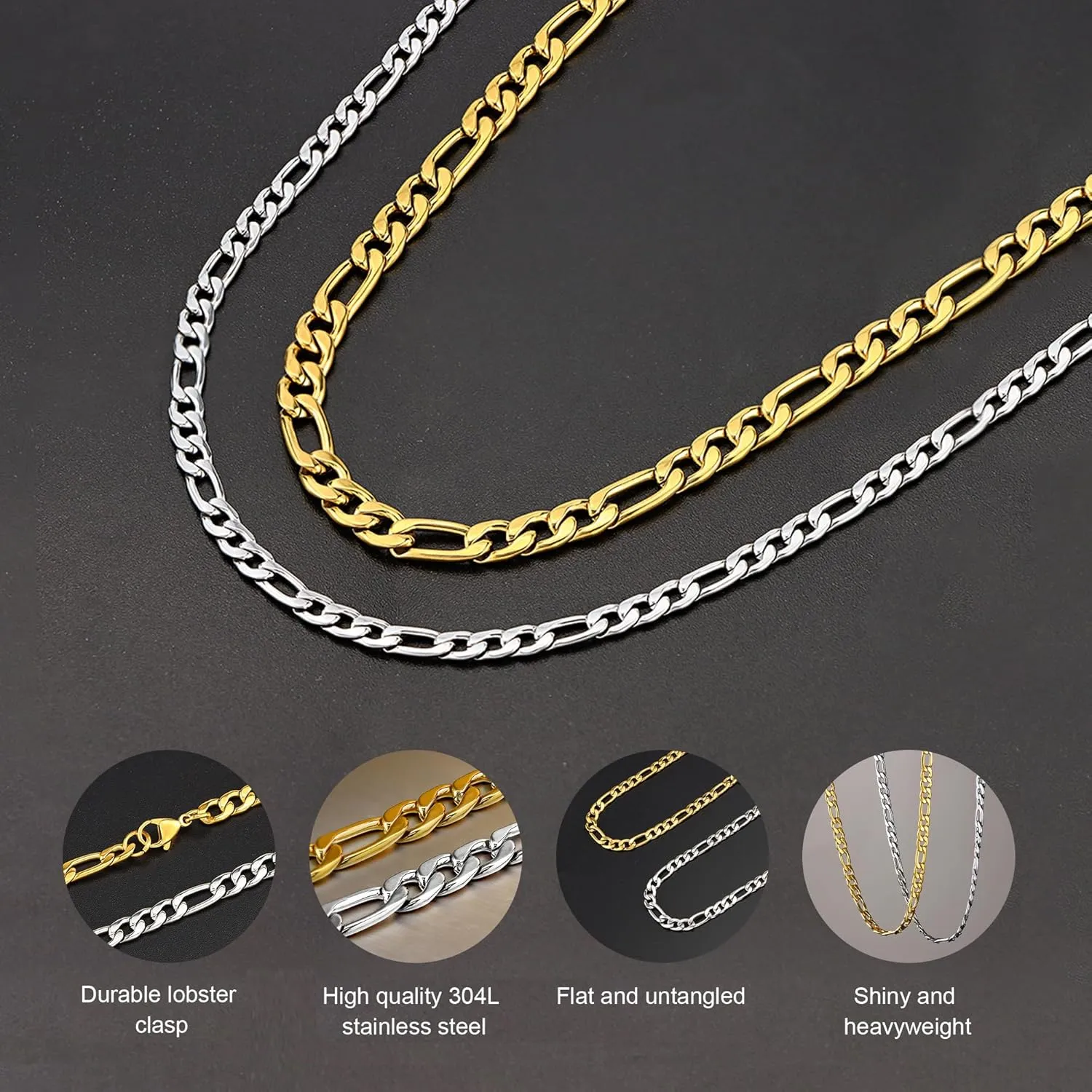 SANNYRA Figaro Chain for Men, Mens Chains Necklaces, Stainless Steel 2-8.5mm 12-36inches 18K Gold Plated Silver Plated Necklace for Women