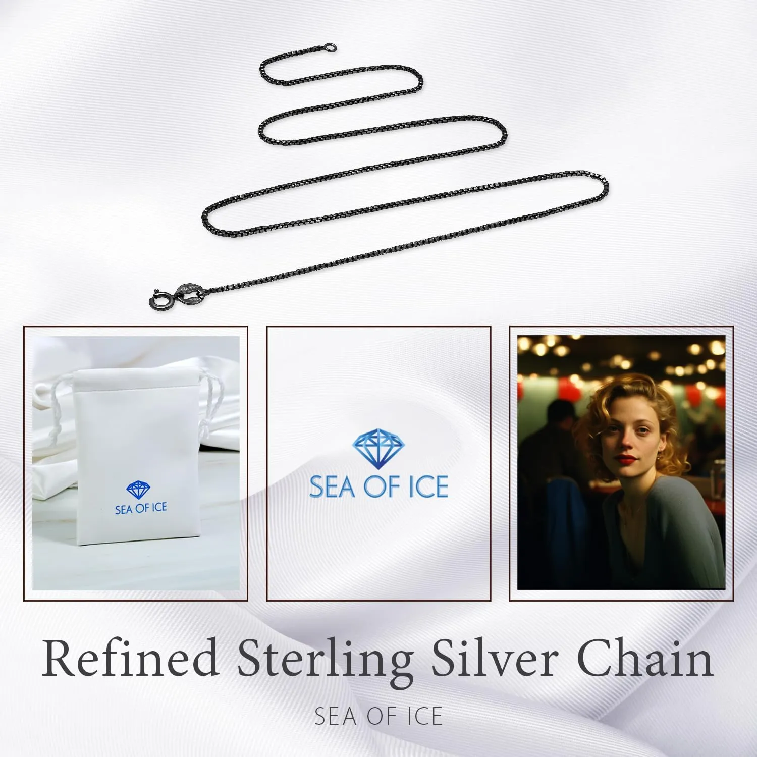 SEA OF ICE Chain Necklace 925 Sterling Silver with Ring Clasp Closure, Italian Box Necklace Chain Necklace for Women & Men, Available in Gold, Rose Gold, Silver, and Black Rhodium, Multisize