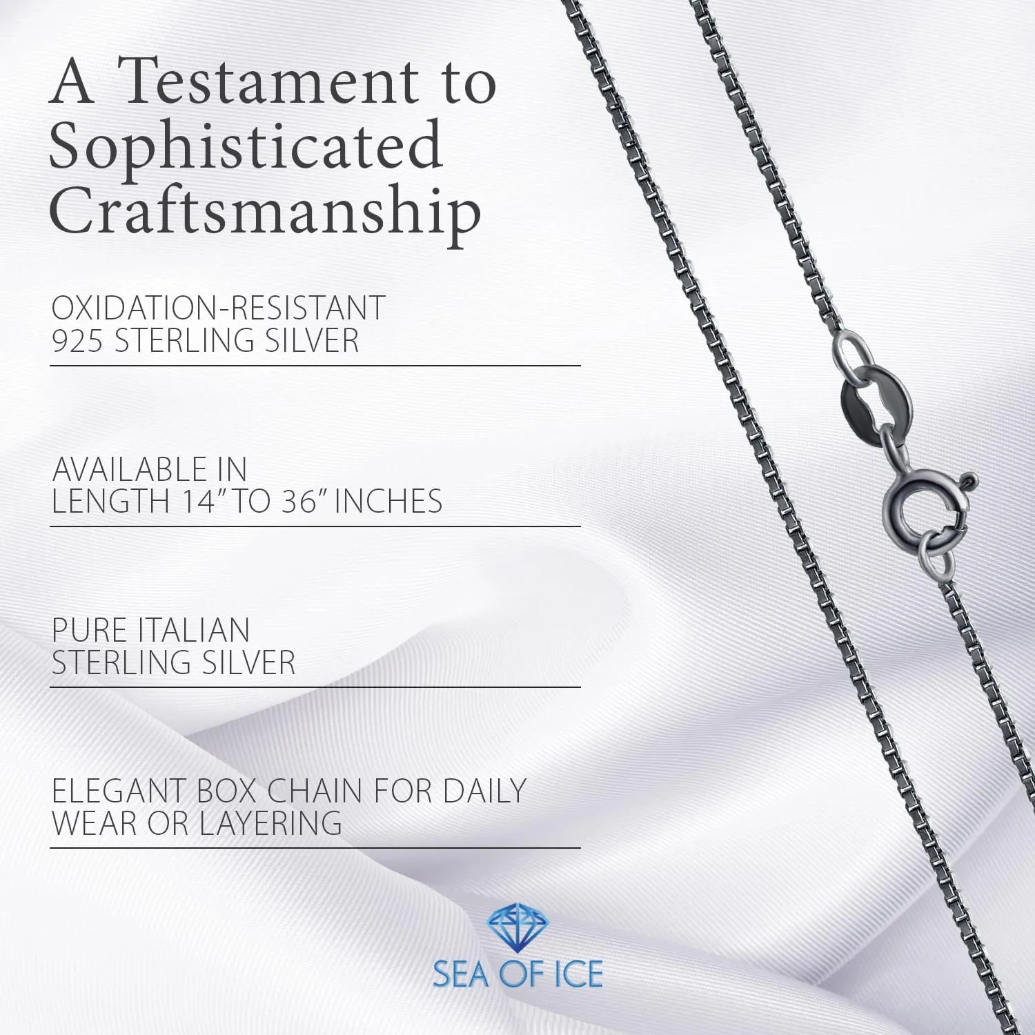 SEA OF ICE Chain Necklace 925 Sterling Silver with Ring Clasp Closure, Italian Box Necklace Chain Necklace for Women & Men, Available in Gold, Rose Gold, Silver, and Black Rhodium, Multisize