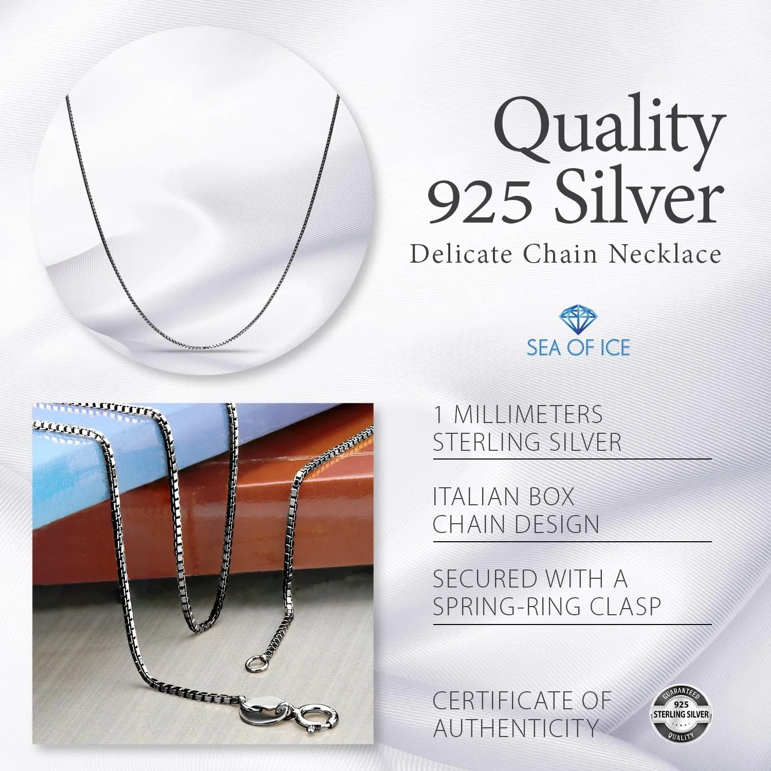 SEA OF ICE Chain Necklace 925 Sterling Silver with Ring Clasp Closure, Italian Box Necklace Chain Necklace for Women & Men, Available in Gold, Rose Gold, Silver, and Black Rhodium, Multisize