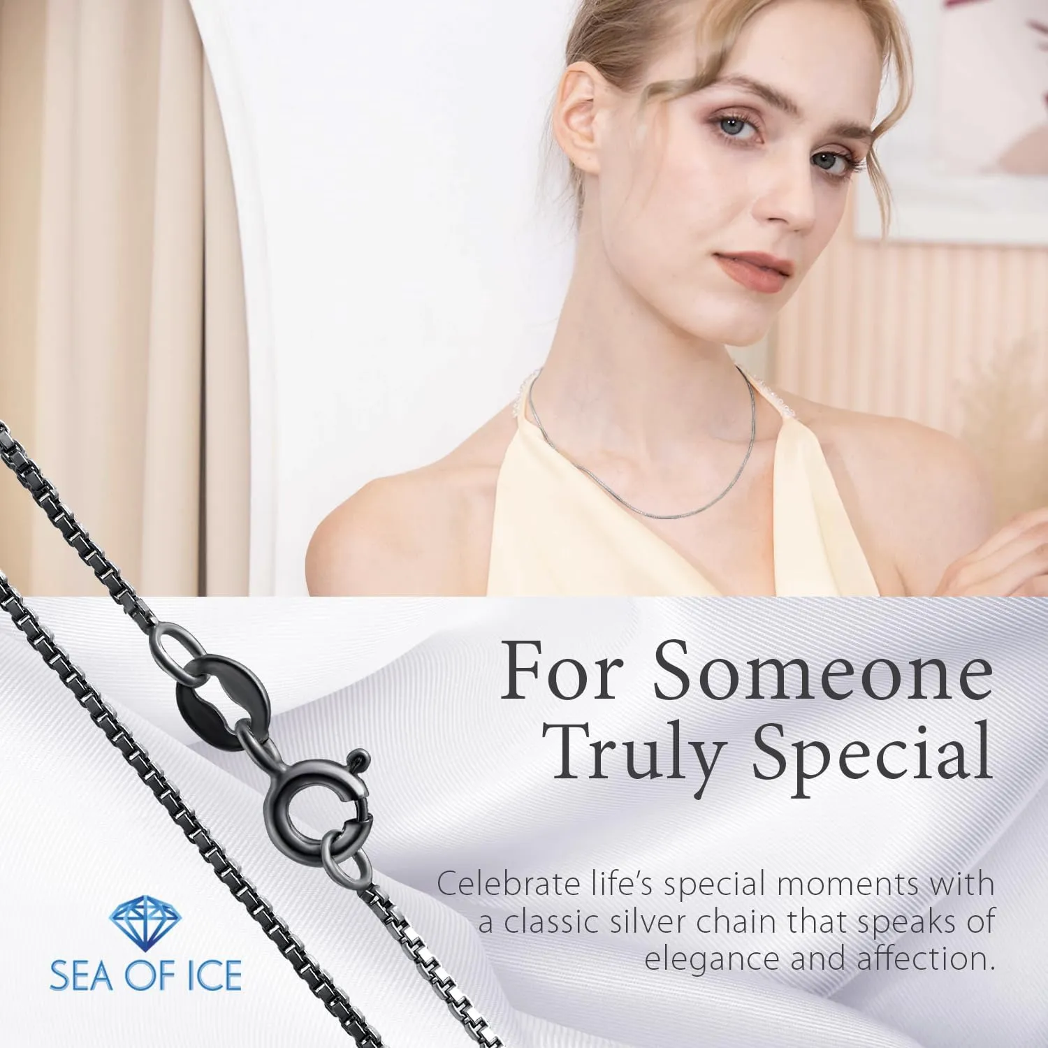 SEA OF ICE Chain Necklace 925 Sterling Silver with Ring Clasp Closure, Italian Box Necklace Chain Necklace for Women & Men, Available in Gold, Rose Gold, Silver, and Black Rhodium, Multisize