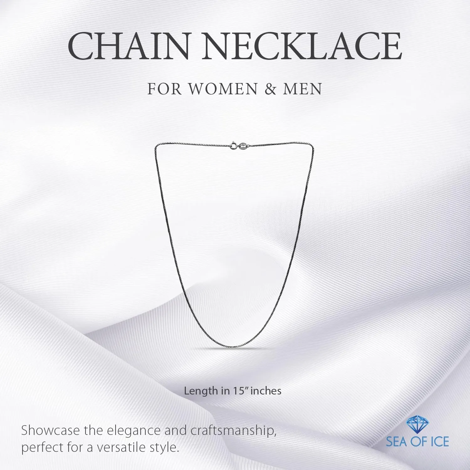 SEA OF ICE Chain Necklace 925 Sterling Silver with Ring Clasp Closure, Italian Box Necklace Chain Necklace for Women & Men, Available in Gold, Rose Gold, Silver, and Black Rhodium, Multisize