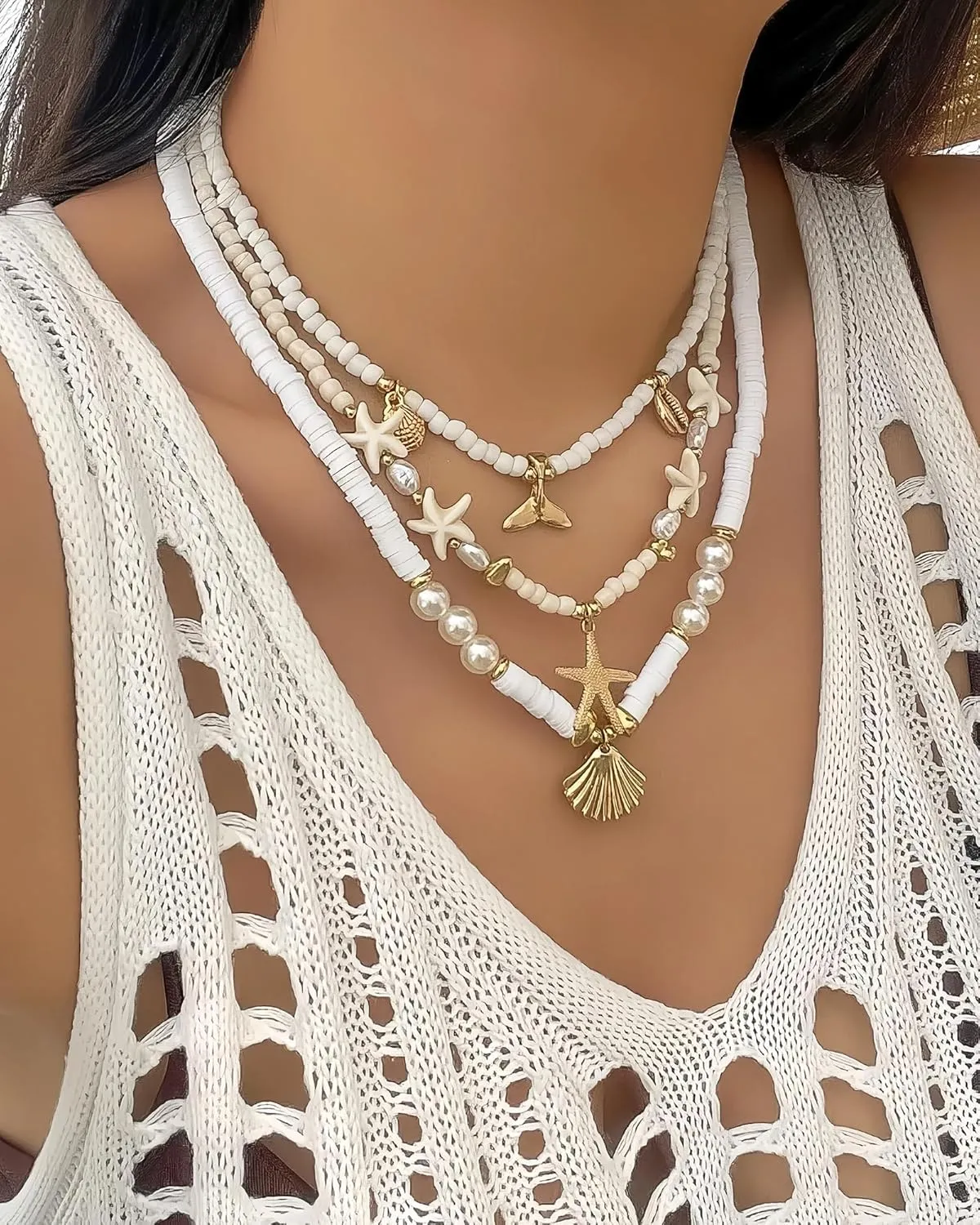 Sea Shell Necklace for Women White Puka Shell Necklaces Summer Shell Starfish Sea Turtle Pendant Necklaces Layered Boho Heishi Shell Necklace Surfer Beach Necklace Jewelry Accessories