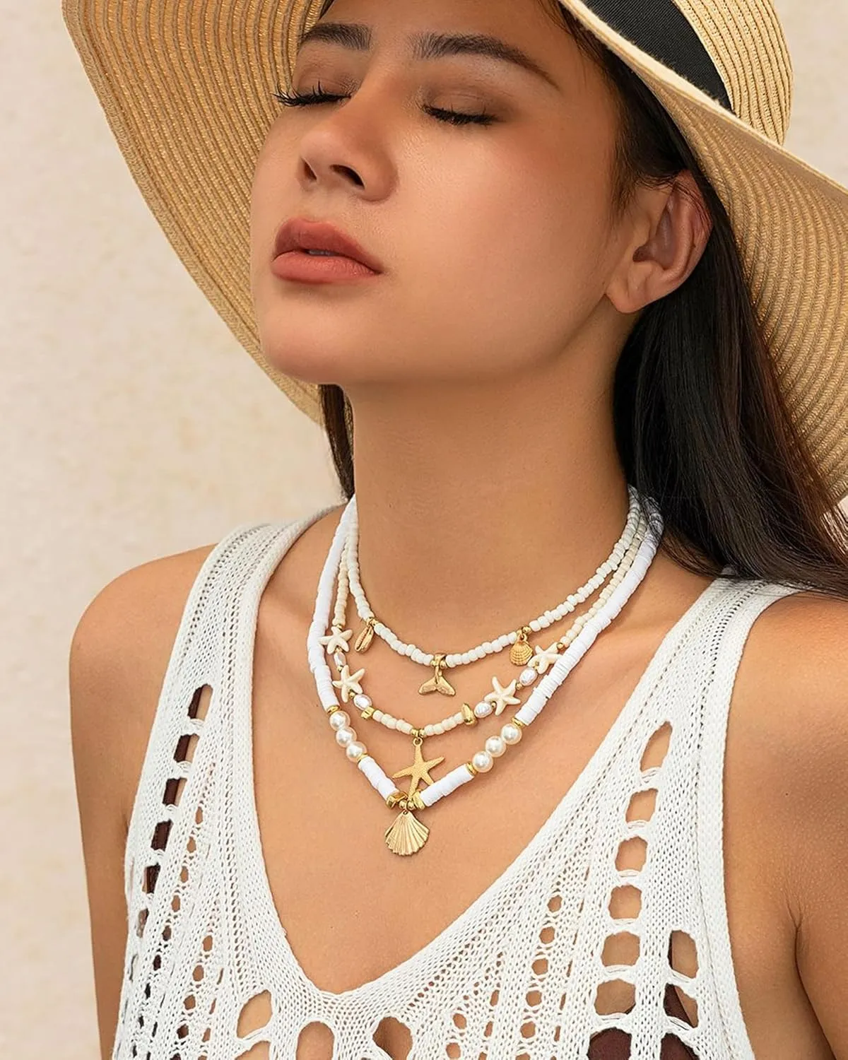 Sea Shell Necklace for Women White Puka Shell Necklaces Summer Shell Starfish Sea Turtle Pendant Necklaces Layered Boho Heishi Shell Necklace Surfer Beach Necklace Jewelry Accessories