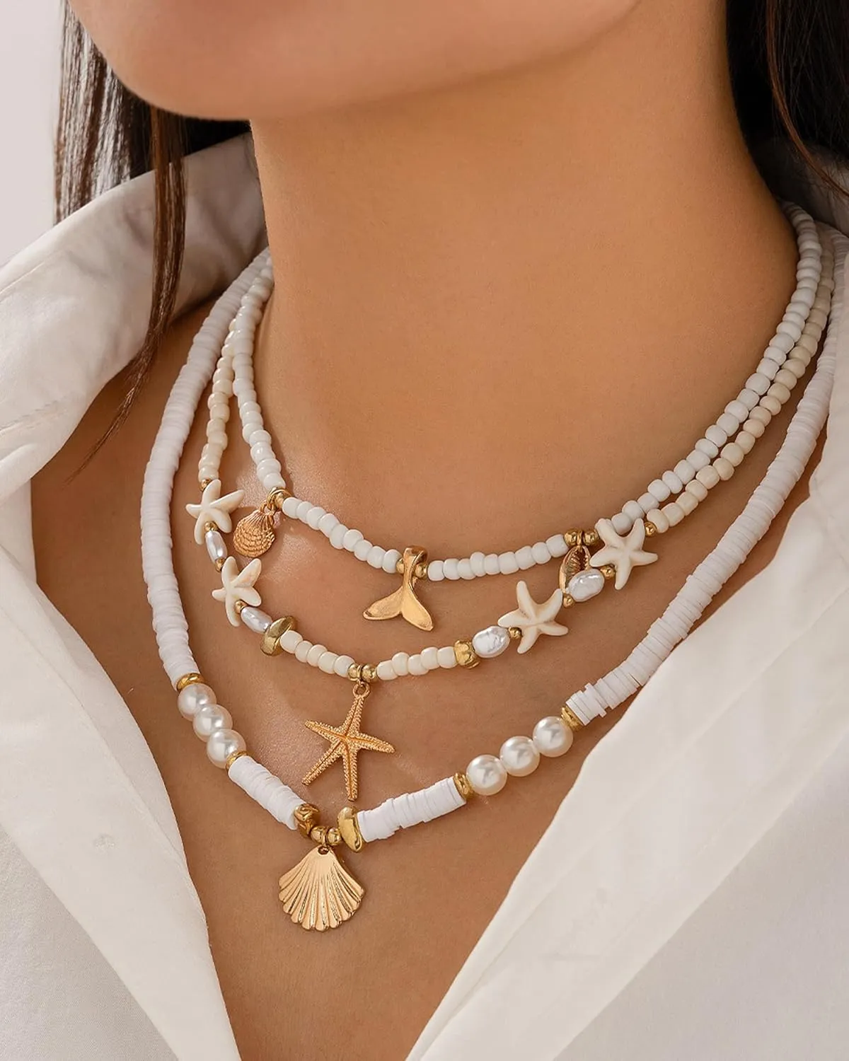Sea Shell Necklace for Women White Puka Shell Necklaces Summer Shell Starfish Sea Turtle Pendant Necklaces Layered Boho Heishi Shell Necklace Surfer Beach Necklace Jewelry Accessories