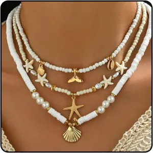 Sea Shell Necklace for Women White Puka Shell Necklaces Summer Shell Starfish Sea Turtle Pendant Necklaces Layered Boho Heishi Shell Necklace Surfer Beach Necklace Jewelry Accessories