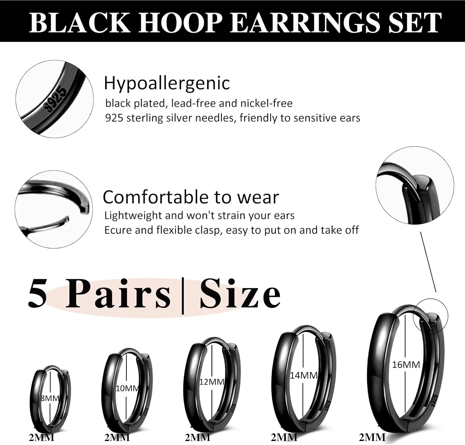Senteria 925 Sterling Silver Plated Hoop Earring 5 Pairs Small Silver Hoop Earrings Hypoallergenic Silver Hoop Earring for Women Cartilage Sleepers Huggie Earrings Sets 8/10/12/14/16mm