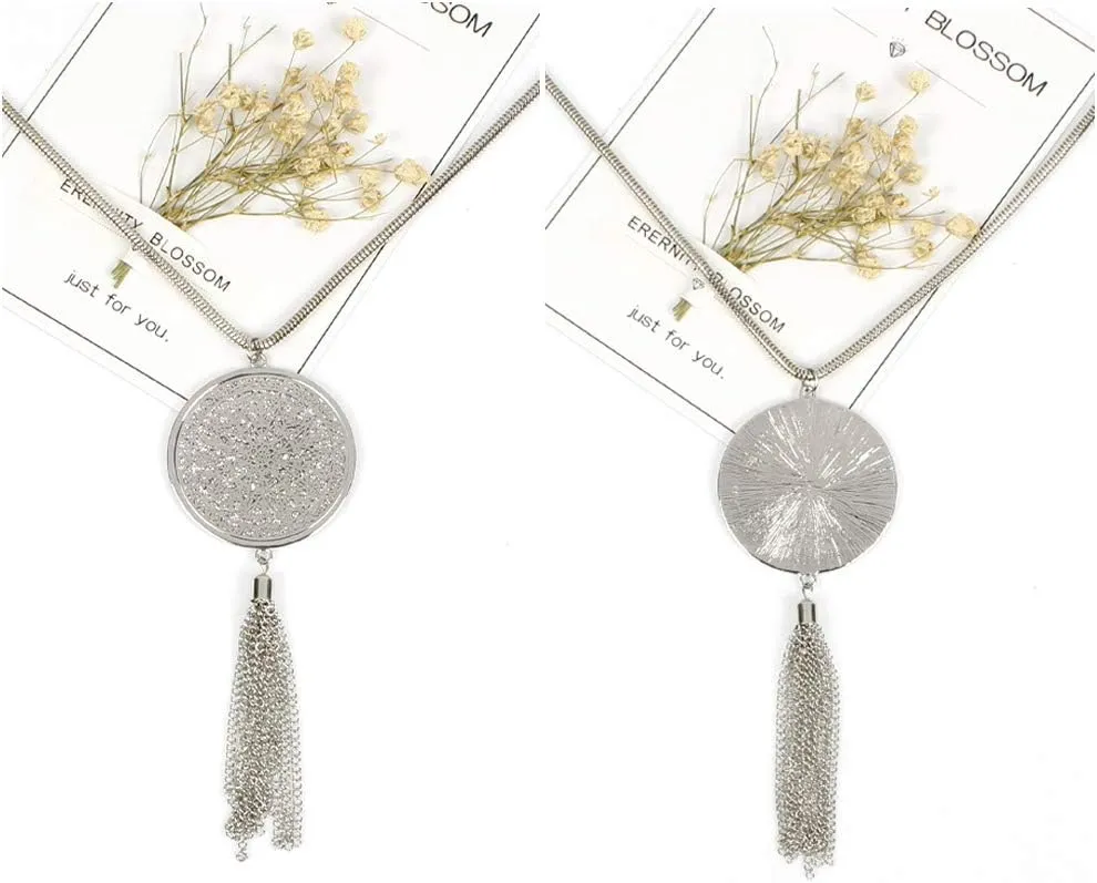 SEVENSTONE 3PCS Long Pendant Necklaces for Women Knot Disk Circle Tassel Statement Sweater Necklace Set