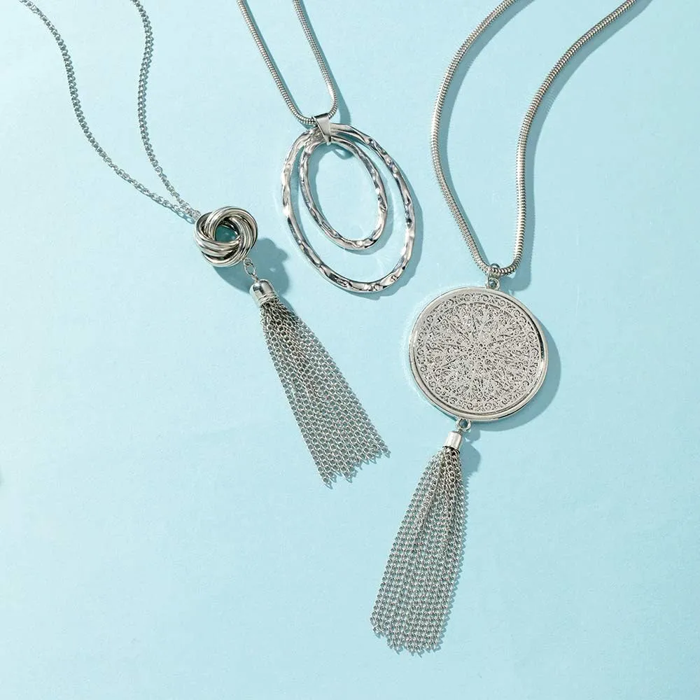 SEVENSTONE 3PCS Long Pendant Necklaces for Women Knot Disk Circle Tassel Statement Sweater Necklace Set