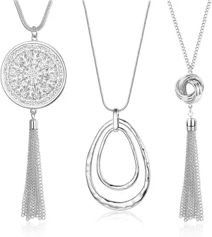 SEVENSTONE 3PCS Long Pendant Necklaces for Women Knot Disk Circle Tassel Statement Sweater Necklace Set