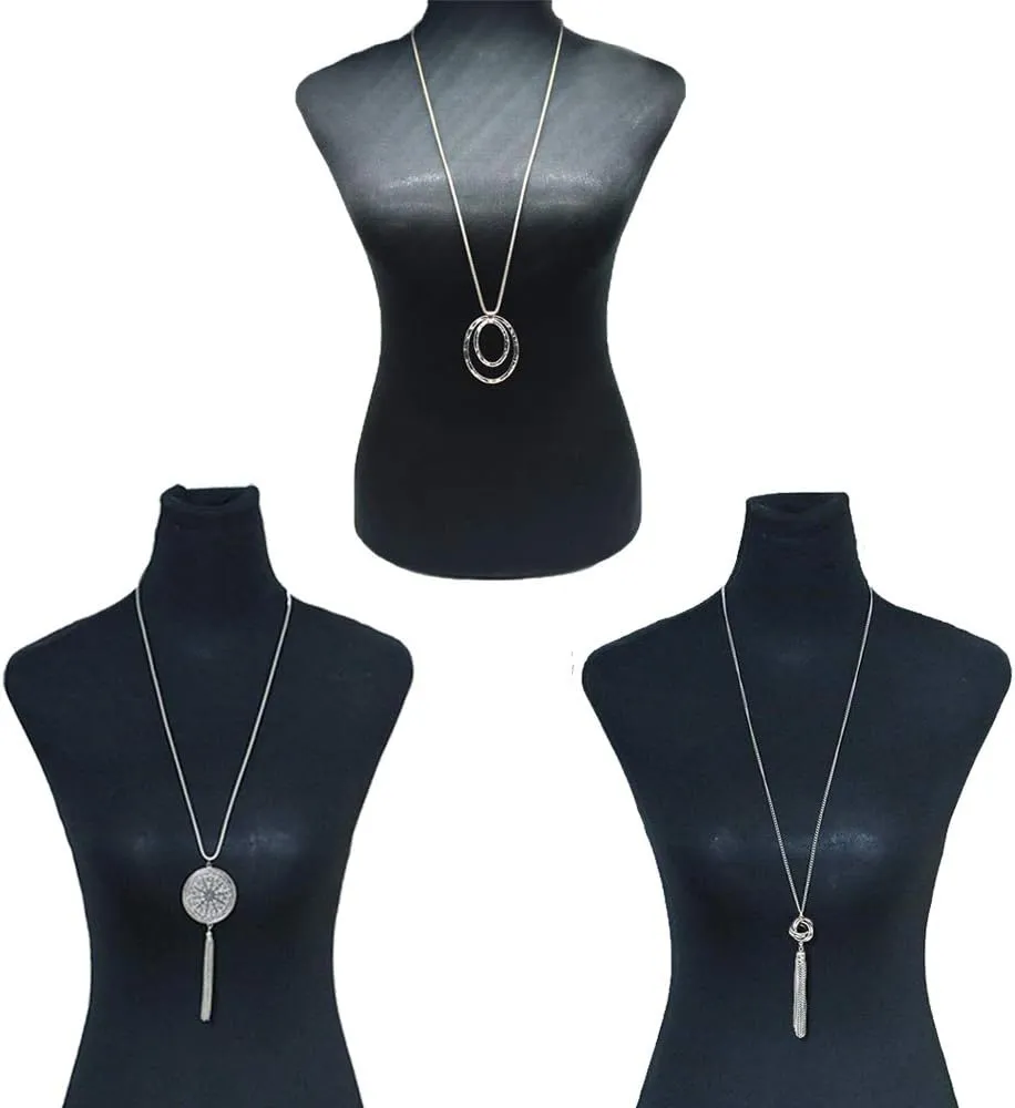 SEVENSTONE 3PCS Long Pendant Necklaces for Women Knot Disk Circle Tassel Statement Sweater Necklace Set