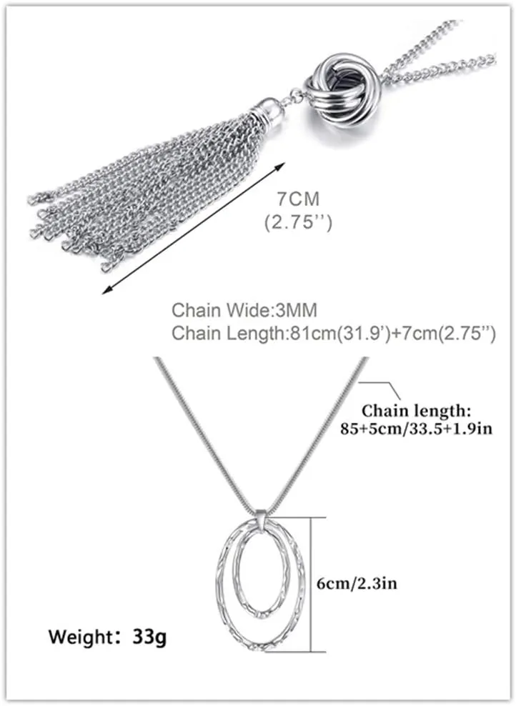 SEVENSTONE 3PCS Long Pendant Necklaces for Women Knot Disk Circle Tassel Statement Sweater Necklace Set