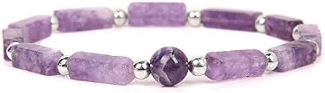 Silver Color Beads Charm Bracelets Natural Amethyst Rectangle Stone Bracelet Women Prayer Meditation Jewelry Stretch  - ( Metal Color: Dalmation; Length: 21cm )