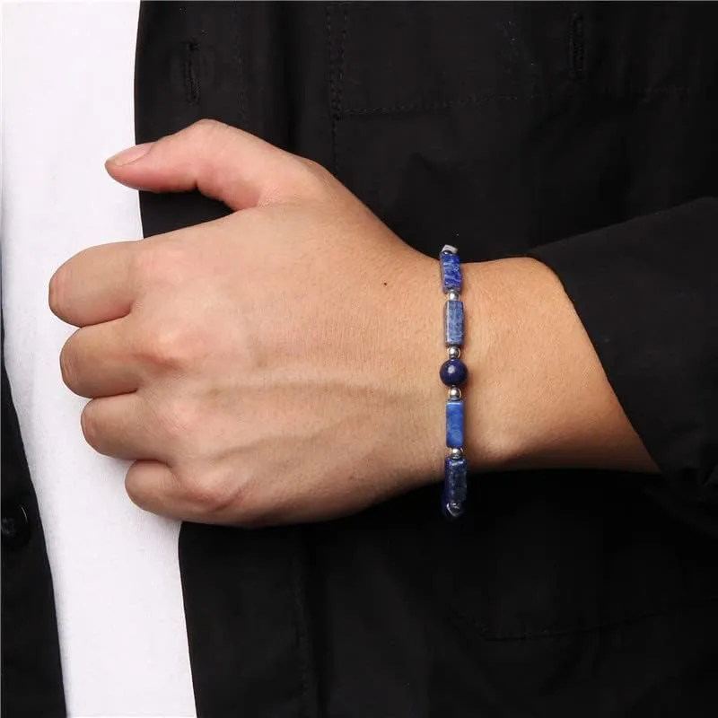 Silver Color Beads Charm Bracelets Natural Amethyst Rectangle Stone Bracelet Women Prayer Meditation Jewelry Stretch  - ( Metal Color: Dalmation; Length: 21cm )