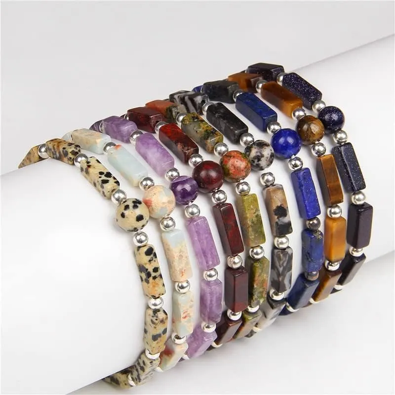 Silver Color Beads Charm Bracelets Natural Amethyst Rectangle Stone Bracelet Women Prayer Meditation Jewelry Stretch  - ( Metal Color: Dalmation; Length: 21cm )