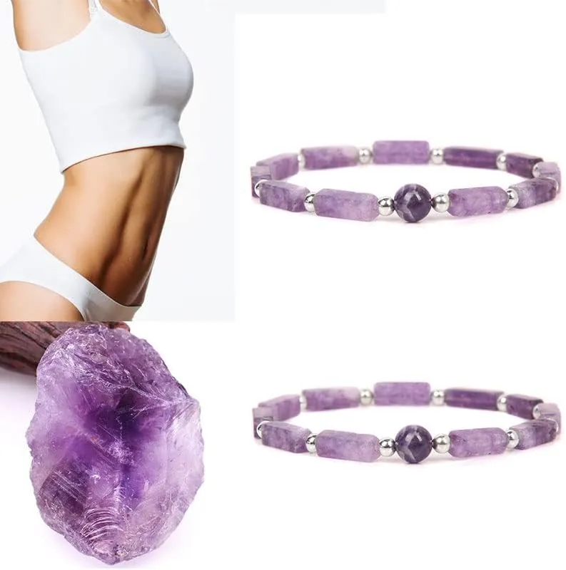 Silver Color Beads Charm Bracelets Natural Amethyst Rectangle Stone Bracelet Women Prayer Meditation Jewelry Stretch  - ( Metal Color: Dalmation; Length: 21cm )