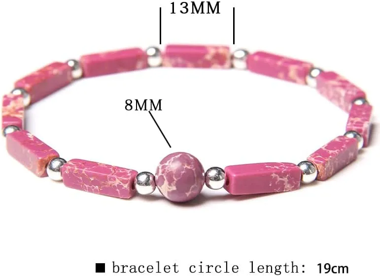 Silver Color Beads Charm Bracelets Natural Amethyst Rectangle Stone Bracelet Women Prayer Meditation Jewelry Stretch  - ( Metal Color: Dalmation; Length: 21cm )