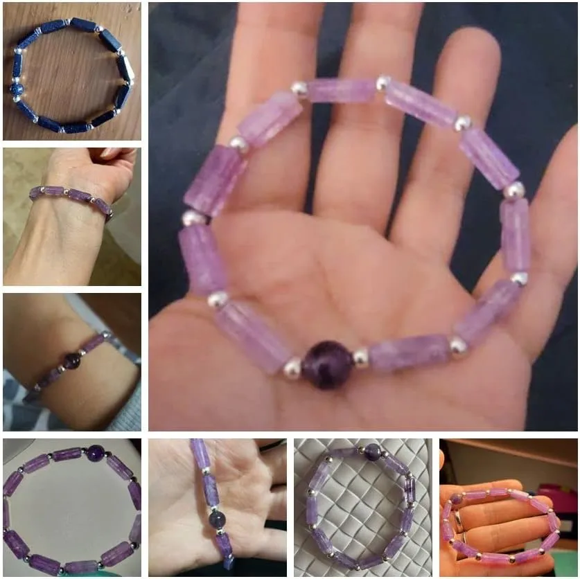 Silver Color Beads Charm Bracelets Natural Amethyst Rectangle Stone Bracelet Women Prayer Meditation Jewelry Stretch  - ( Metal Color: Dalmation; Length: 21cm )