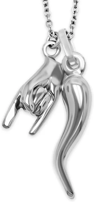 Silver Italian Horn with Hand Sign Pendant - 925 Sterling Silver - 3D Good Luck Hand Sign - Italian Mano Cornuto Hand Symbol - Cornicello Charm Pendant