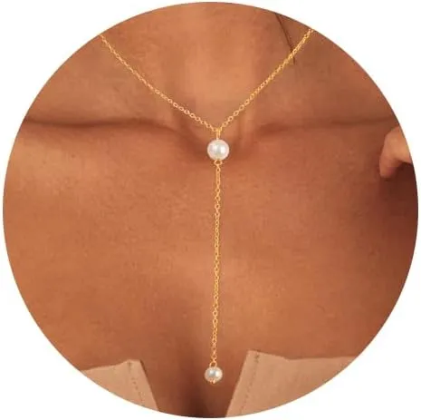 Silver Pearl Necklaces for Women,14k Gold Plated Stack Dainty Simple Y Drop Choker White Pearl Necklace for Women,Trendy Layered Long Pendant Necklaces Jewelry Women Gifts