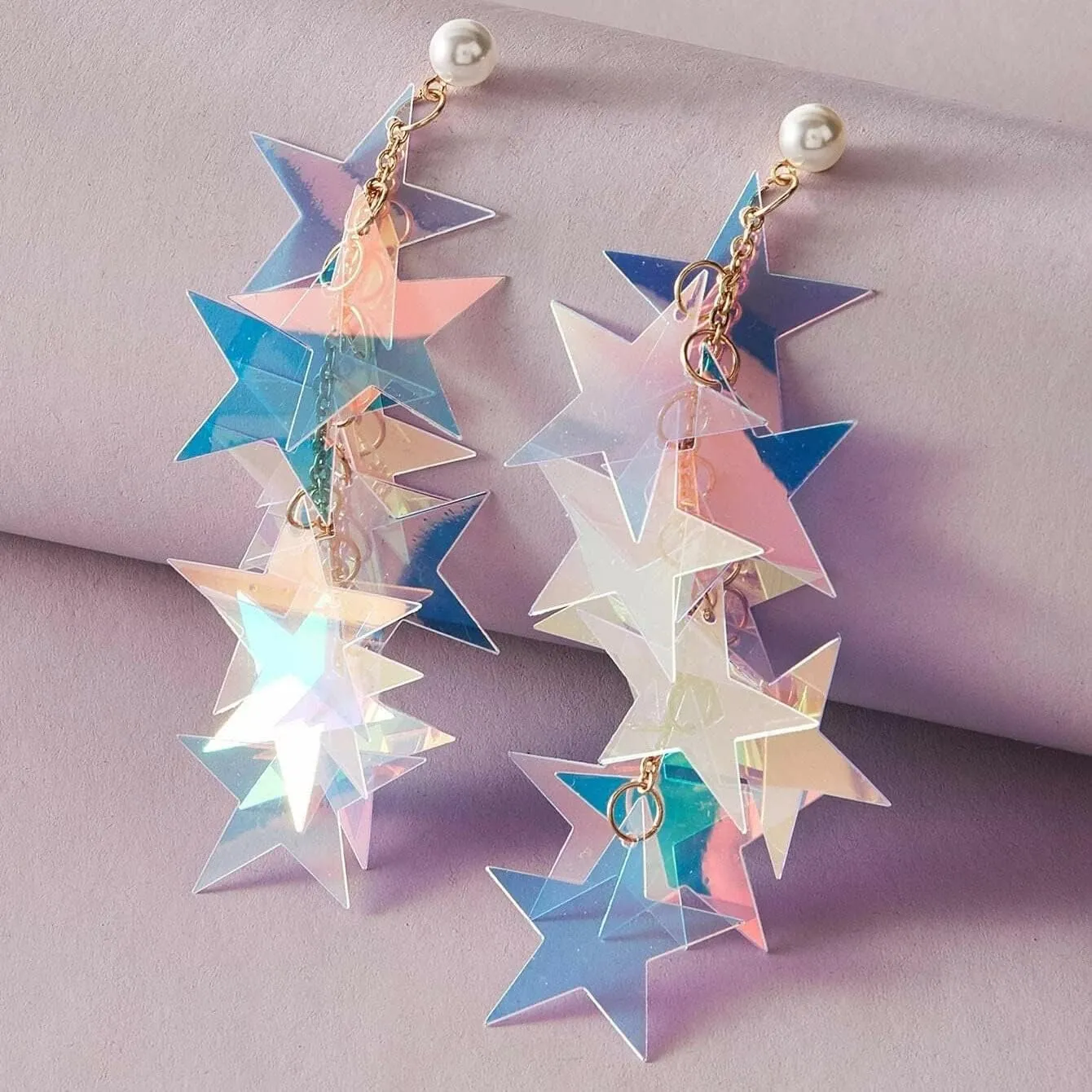 Silver Star Dangle Earrings - Iridescent Rhinestone Stars, Big Sparkle, Women's Dangling Star Jewelry