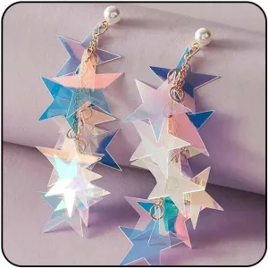 Silver Star Dangle Earrings - Iridescent Rhinestone Stars, Big Sparkle, Women's Dangling Star Jewelry
