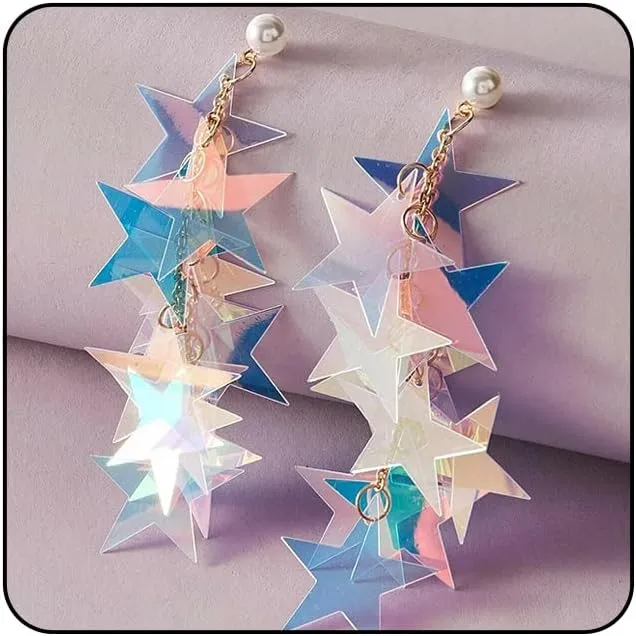 Silver Star Dangle Earrings - Iridescent Rhinestone Stars, Big Sparkle, Women's Dangling Star Jewelry