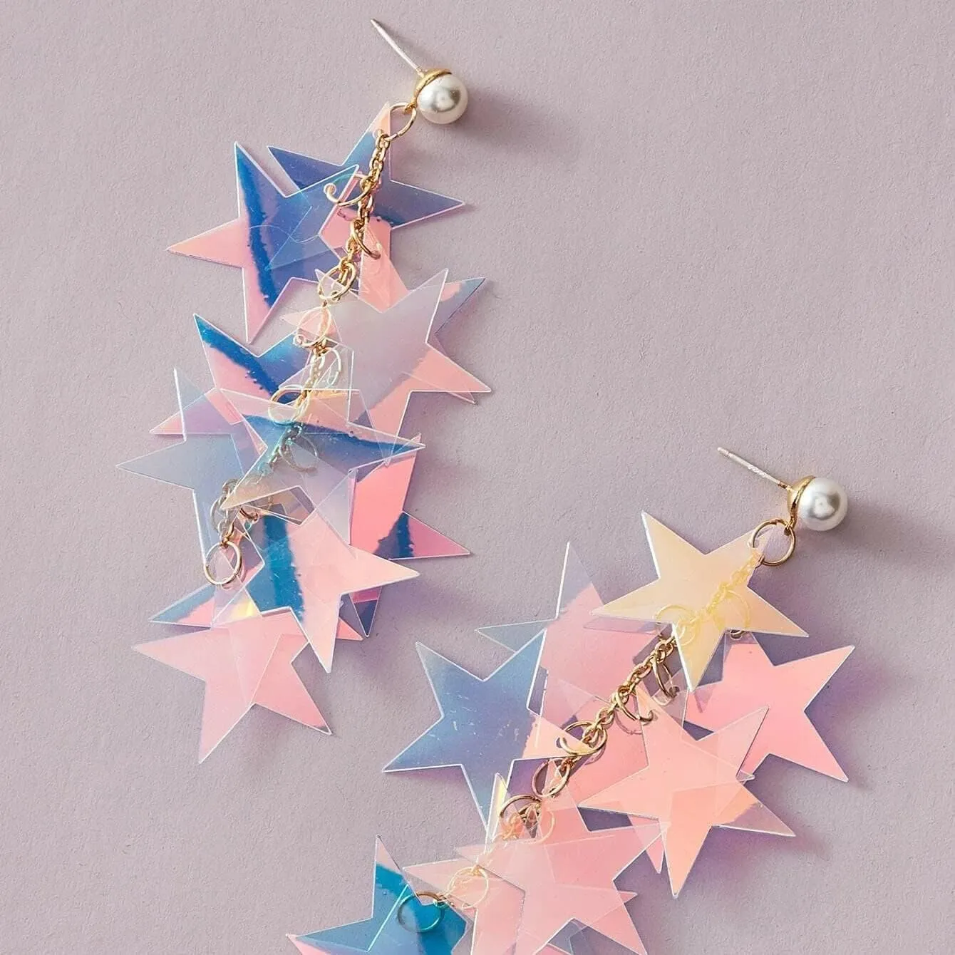 Silver Star Dangle Earrings - Iridescent Rhinestone Stars, Big Sparkle, Women's Dangling Star Jewelry