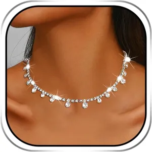 Sixexey Rhinestone Necklaces Silver Crystal Necklace Sparkly Party Prom Necklace Jewelry for Women