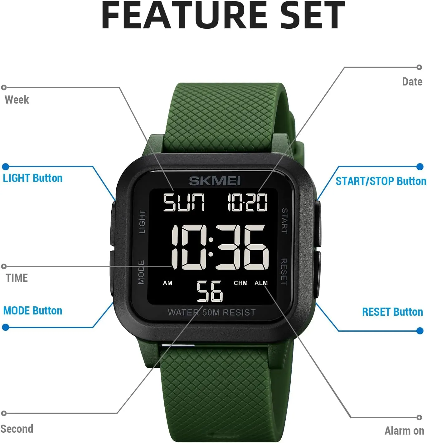 SKMEI Digital Sports Mens Watches 5ATM Waterproof Wrist Watches for Men with Stopwatch Countdown Timer Alarm Function Dual Time Large Face Easy to Read