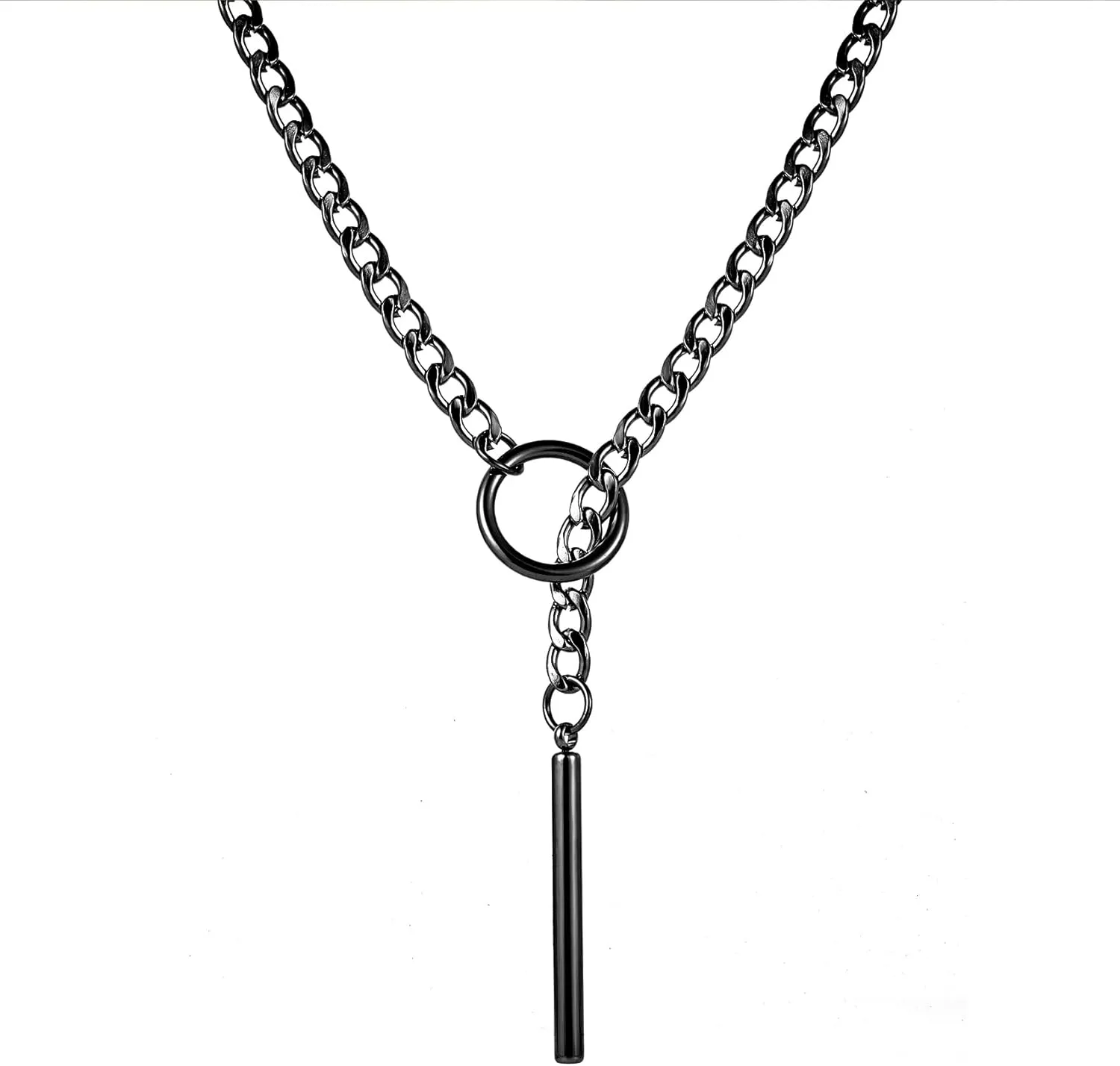 Slip Chain Necklace for Women Gothic Stainless Steel Bar Pendant Cuban Link Necklaces Adjustable Goth O Ring Long Necklaces Punk Rock Collar Choker Trendy Lariat Y Necklace