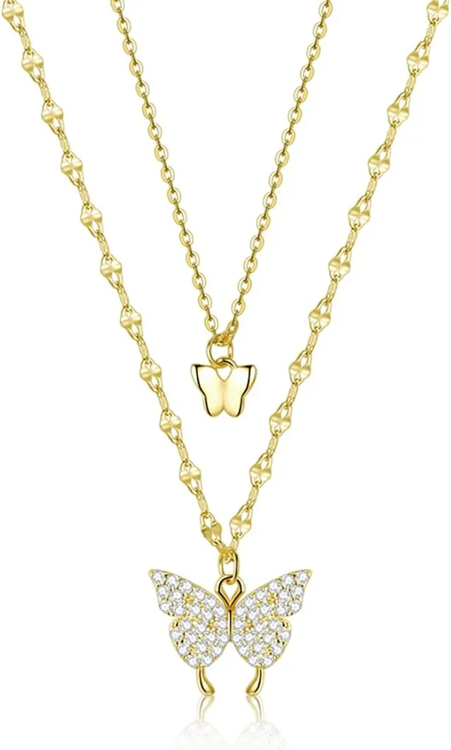 SLUYNZ 925 Sterling Silver CZ Butterfly Choker Necklace for Women Butterfly Layered Necklace Chain