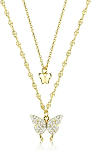 SLUYNZ 925 Sterling Silver CZ Butterfly Choker Necklace for Women Butterfly Layered Necklace Chain