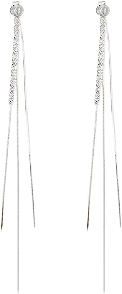 SLUYNZ 925 Sterling Silver CZ Dangle Earrings Chain for Women Teens Long Dangle Earrings Tassel with Snake Chain Backs