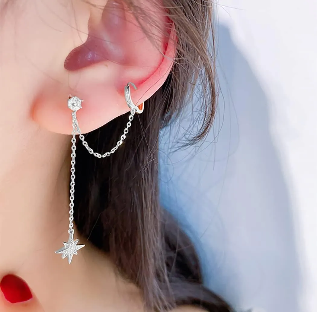 SLUYNZ 925 Sterling Silver Small Hoop Cuff Earrings Wrap for Women Double Piercing Earrings Chain Cartilage Helix Earrings Star Tassel