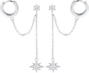 SLUYNZ 925 Sterling Silver Small Hoop Cuff Earrings Wrap for Women Double Piercing Earrings Chain Cartilage Helix Earrings Star Tassel