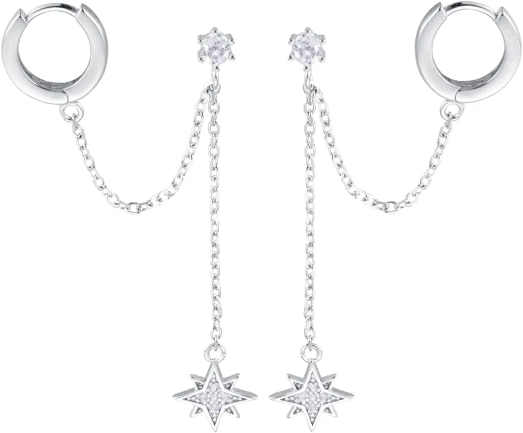 SLUYNZ 925 Sterling Silver Small Hoop Cuff Earrings Wrap for Women Double Piercing Earrings Chain Cartilage Helix Earrings Star Tassel