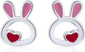 SLUYNZ 925 Sterling Silver Small Pink Rabbit Earrings Studs for Women Teens Easter Rabbit Bunny Stud Earrings